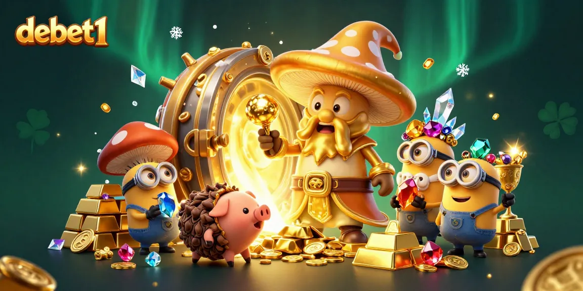 Experience fortune with debet1 in this vibrant 3D illustration of a golden mushroom wizard and treasures.