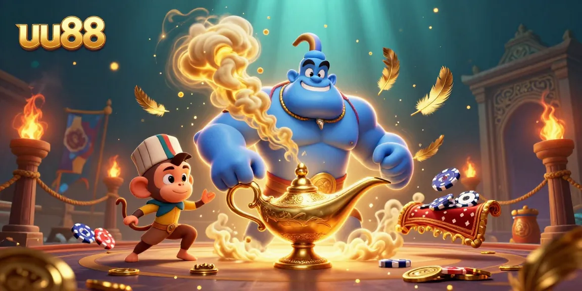 Experience thrilling casino action with uu88's vibrant 3D illustration featuring a genie, monkey, and poker chips.