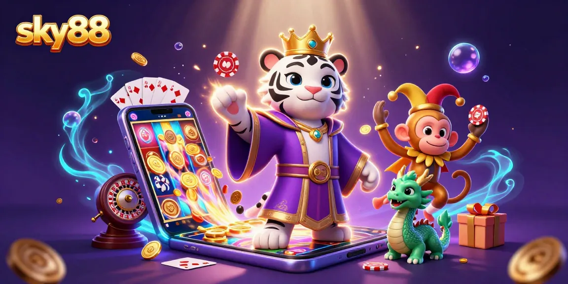 Experience sky88 excitement as a white tiger, jester monkey, and jade dragon emanate casino vibes.