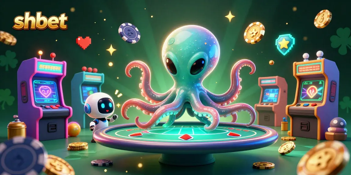 Engage with shbet’s alien octopus and robot at a holographic poker table in a colorful casino scene.
