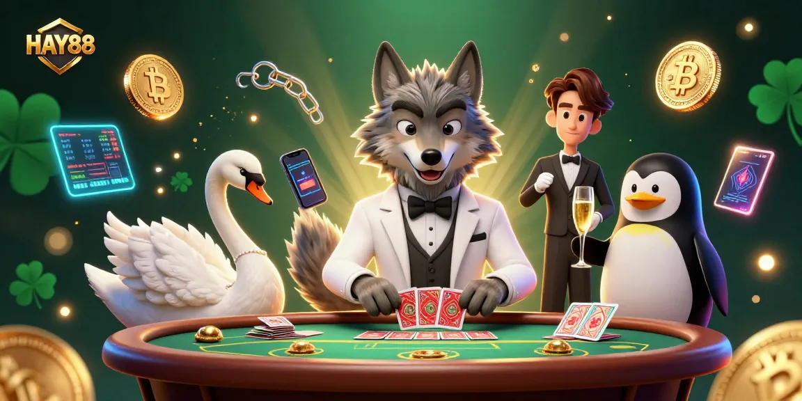 Experience HAY88's vibrant casino scene with a debonair wolf, elegant swan, and sophisticated penguin.