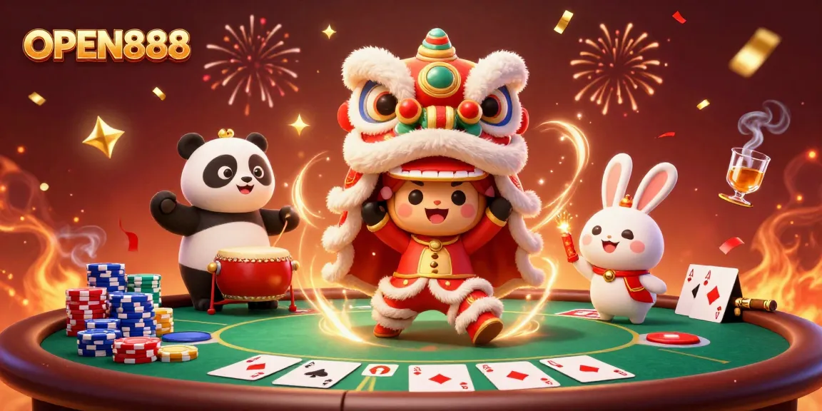 Join the excitement at OPEN888 with vibrant characters celebrating a lively casino scene.