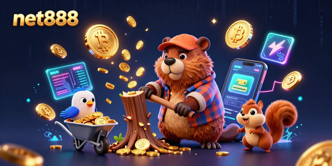 Play net888 by joining a vibrant digital casino scene with whimsical characters and glowing crypto elements.