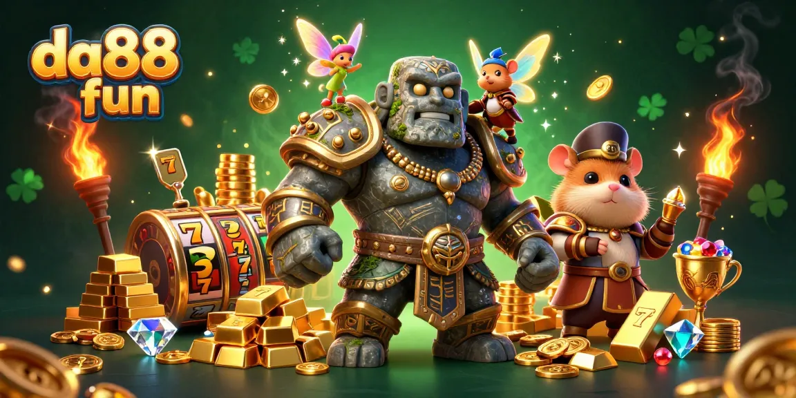 Engage in da88 fun with a vibrant 3D illustration showcasing magical creatures amidst slot games and treasures.