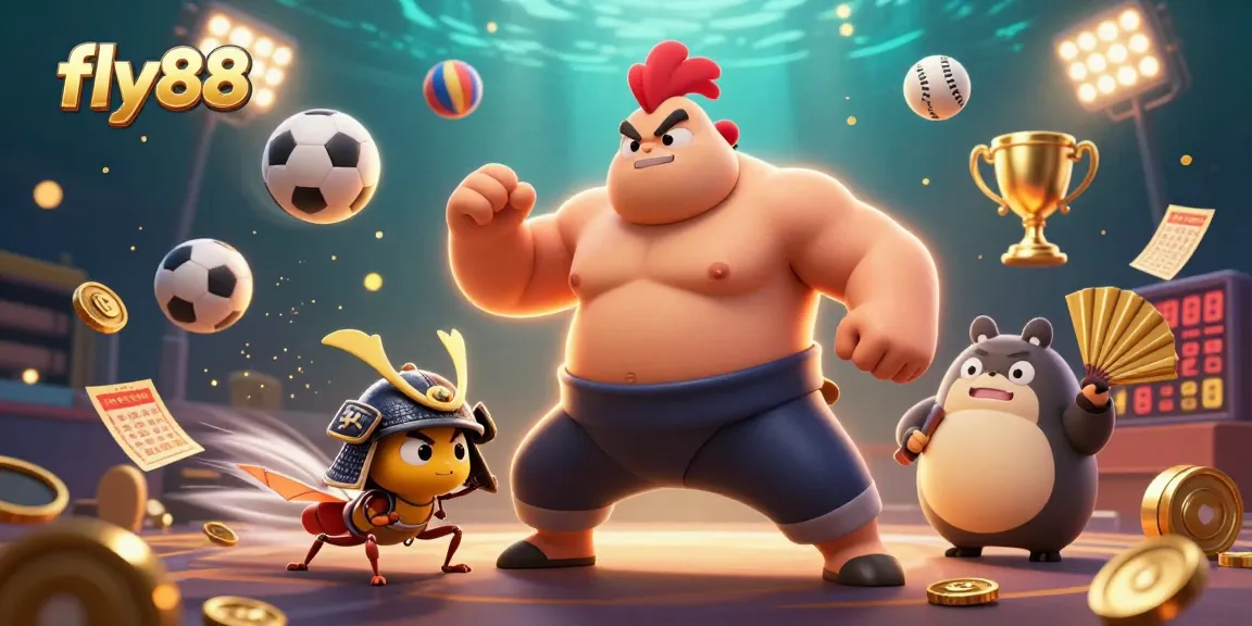 Experience the excitement of fly88 as a powerful sumo wrestler rooster stomps amidst dynamic casino elements.