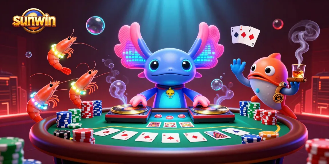 Experience the vibrant world of sunwin with a neon axolotl DJ and dynamic poker elements.