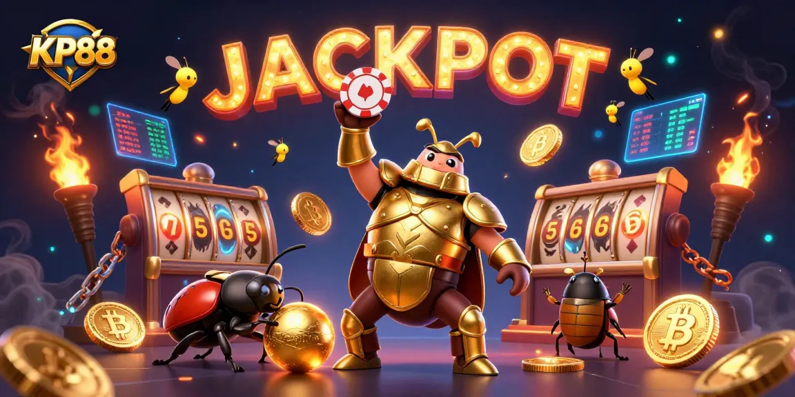 Experience excitement at KP88 with a vibrant scene capturing a victorious beetle and jackpot elements.